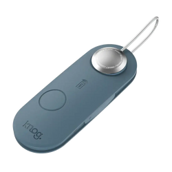 A sleek matte blue Scout travel light with a silver button and thin white cord by Knog smart Luce