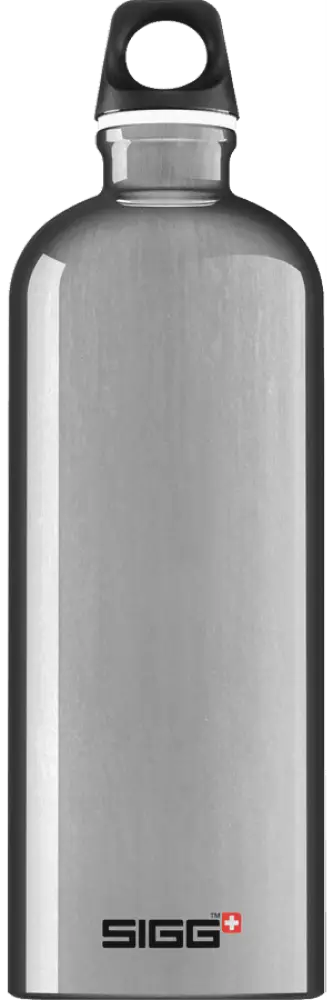 Silverinen ruostumattomasta teräksestä valmistettu sigg traveller alu 1,0 l juomapullo mustalla ruuvikorkilla ja valkoisella renkaalla