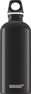 Sigg traveller black 0,6 l - musta vesipullo tyylikkäällä mattapinnalla ja valkoisella koristekehyksellä yläosassa