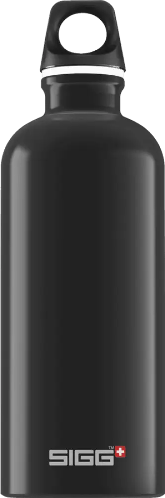 Sigg traveller black 0,6 l - musta vesipullo tyylikkäällä mattapinnalla ja valkoisella koristekehyksellä yläosassa