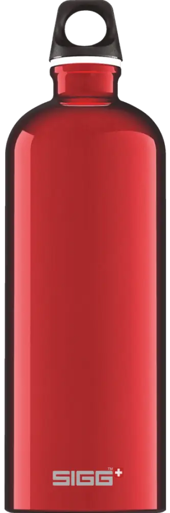 Punainen sigg traveller 1,0 l juomapullo mustalla ruuvikorkilla ja hopeanvärisellä renkaalla