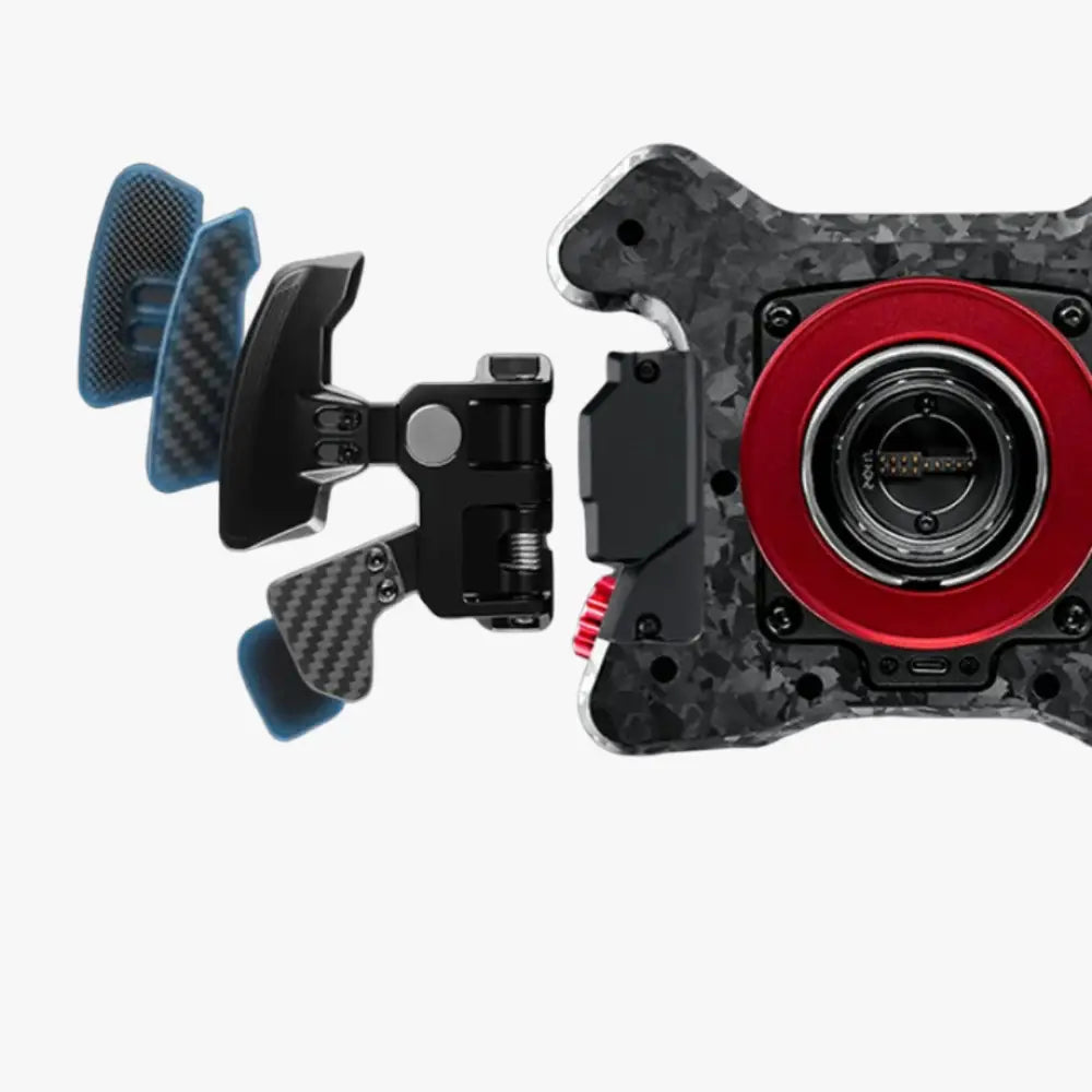 Simagic 2-paddle shifter module in black and red carbon fiber with blue textured foot pedals for racing gear