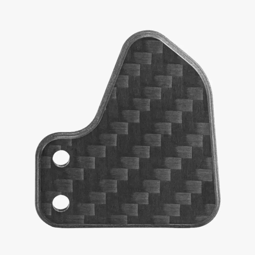 Mustan hiilikuituisen simagic 2-paddle shifter -moduulin takapuoli, pyöreillä reunoilla ja kahdella reiällä