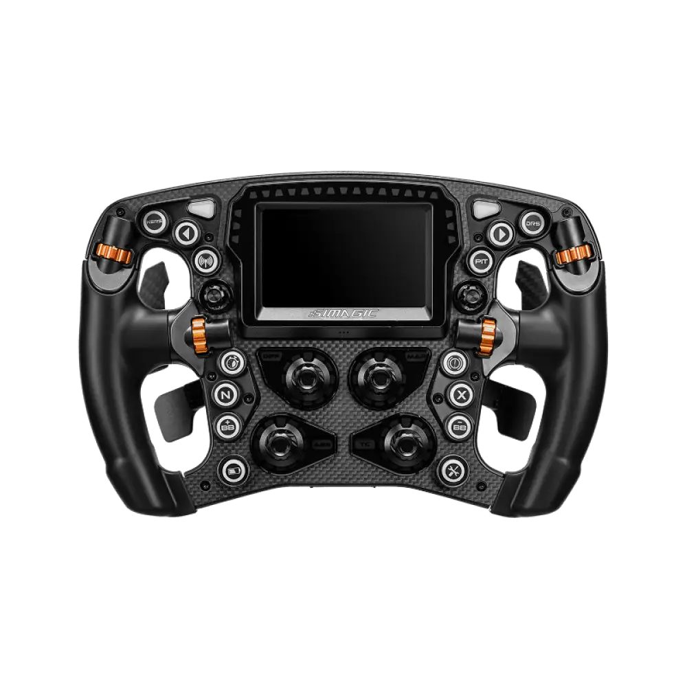 Simagic 3-paddle shifter module mustan hiilikuituinen kilpa-ajon ohjauspyörä oransseilla yksityiskohdilla ja keskusnäytöllä