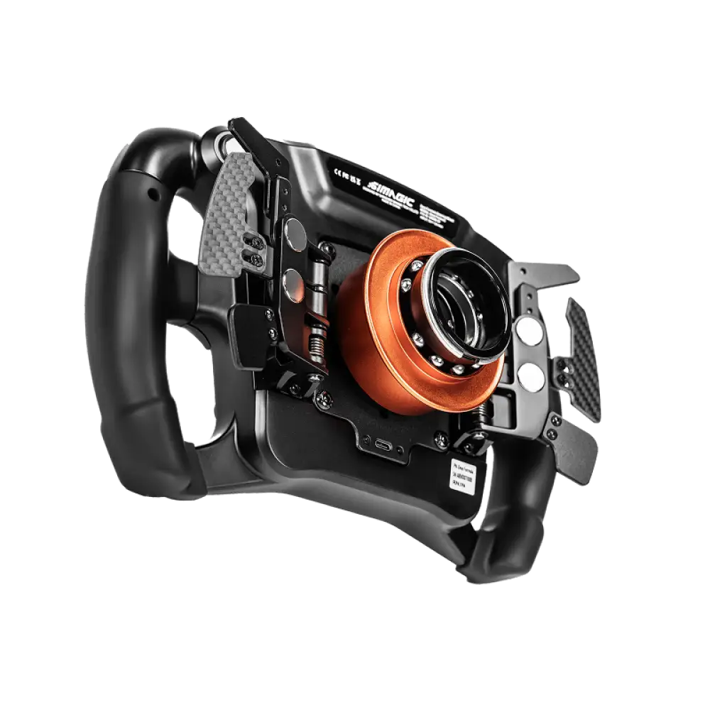 Simagic 3-paddle shifter module musta ja oranssi kilpa-ajon rattimoduuli hiilikuitukorostuksilla ja monilla ohjauspainikkeilla