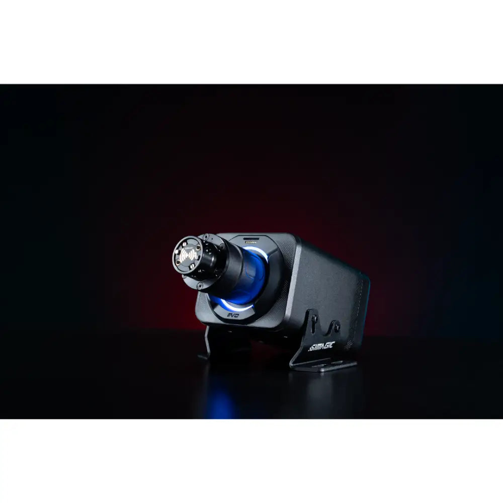 Black Shimano RVC racing wheel controller with glowing blue light and metallic dial for Simagic Alpha EVO Pro 18Nm wheelbase