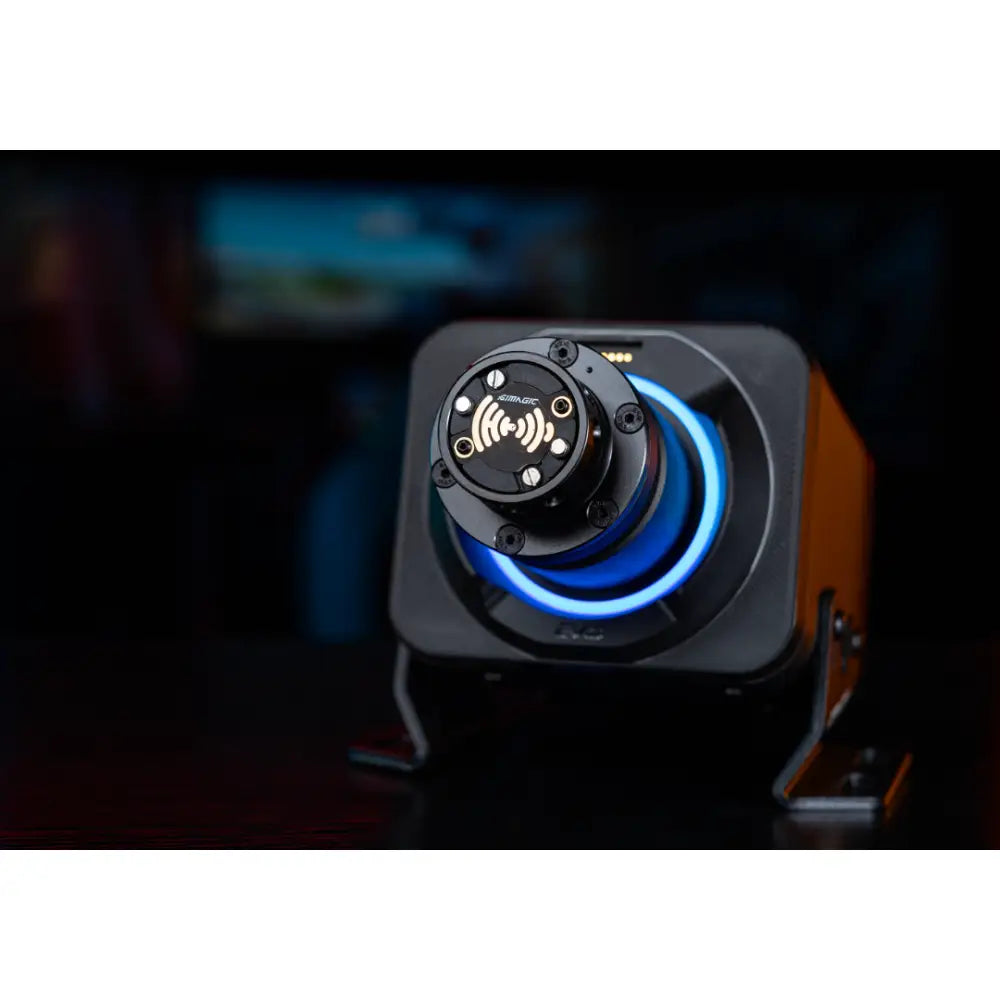 Black and orange simagic alpha evo pro wheelbase gaming joystick with glowing blue ring and 18nm torque