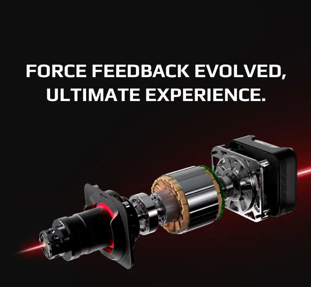 Musta ja hopeanvärinen simagic alpha evo sport force feedback -peliohjain punaisilla laserakenteilla 9nm vääntömomentilla
