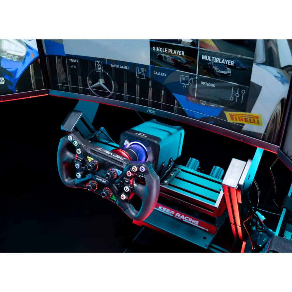 Black and red simagic alpha evo sport racing steering wheel with multiple buttons dials and central display screen