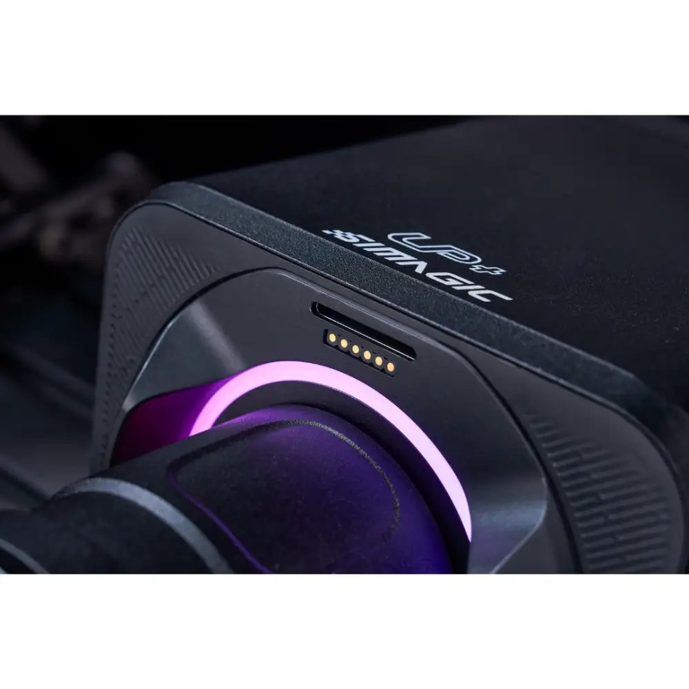 Black simagic alpha evo sport wheelbase 9nm featuring a glowing purple light ring and gold charging contacts on the back