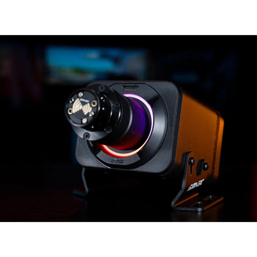 Black and orange simagic alpha evo sport wheelbase 9nm with glowing purple and red ring around the lens