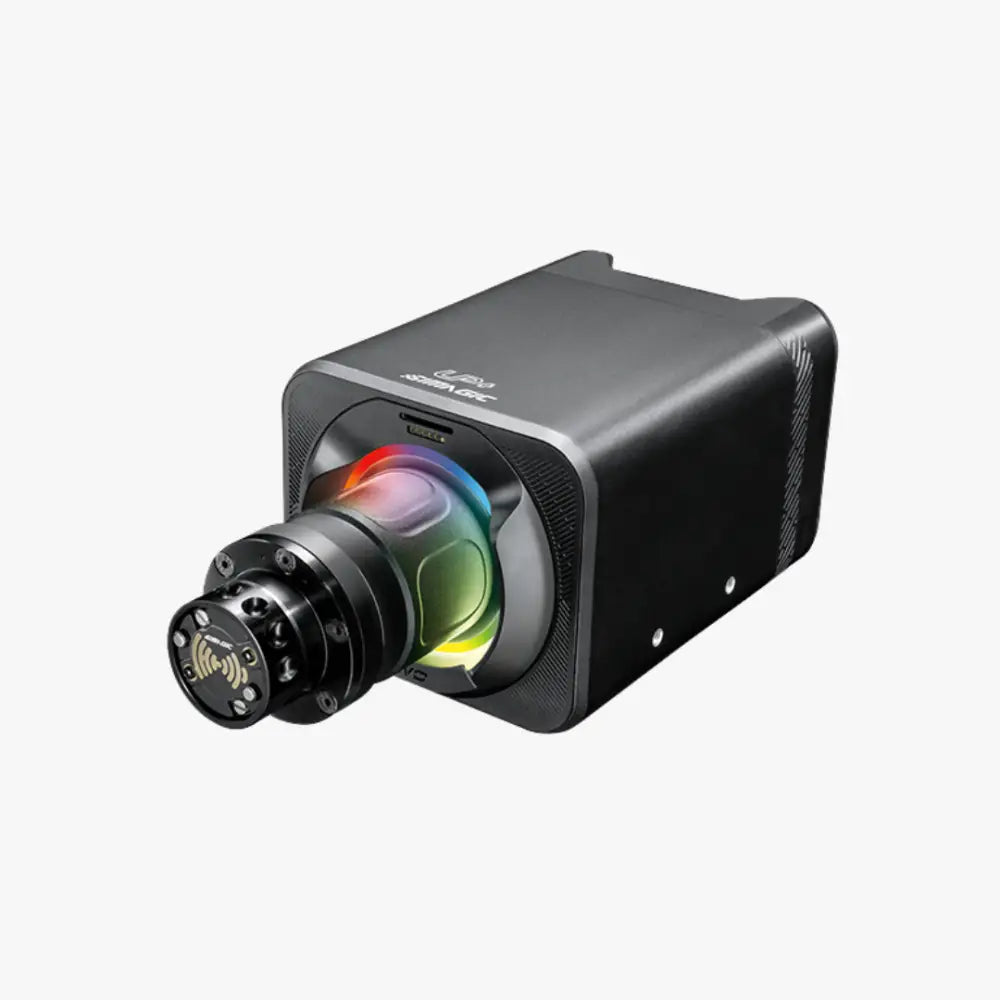 Black rectangular simagic alpha evo sport wheelbase 9nm with rainbow-colored lens and metallic accents in camera design
