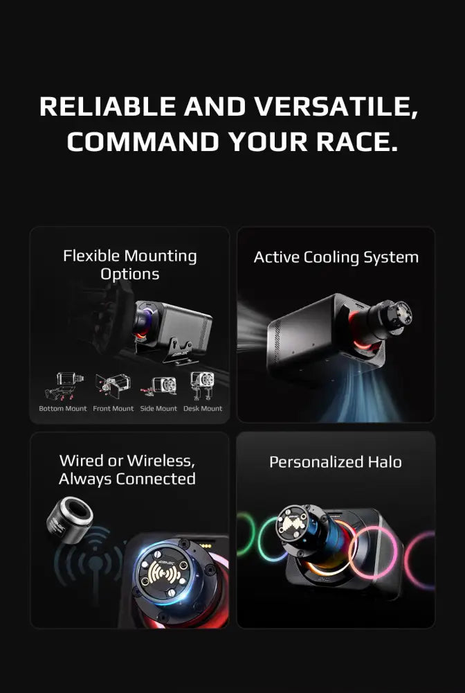 Musta simagic alpha evo sport wheelbase 9nm peliohjain, säädettävällä rgb-valaistuksella ja aktiivisella jäähdytysjärjestelmällä