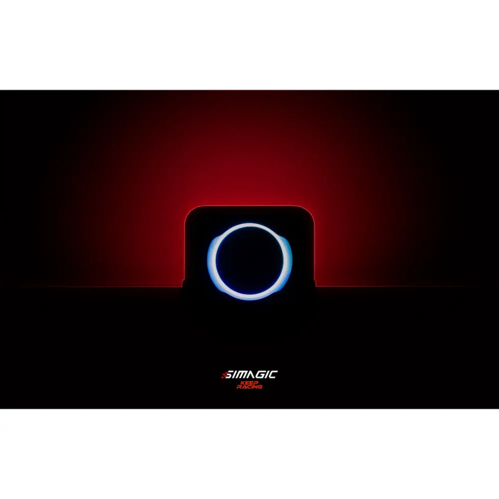 Black simagic alpha evo sport wheelbase with glowing blue light ring and 9nm torque for racing simulation