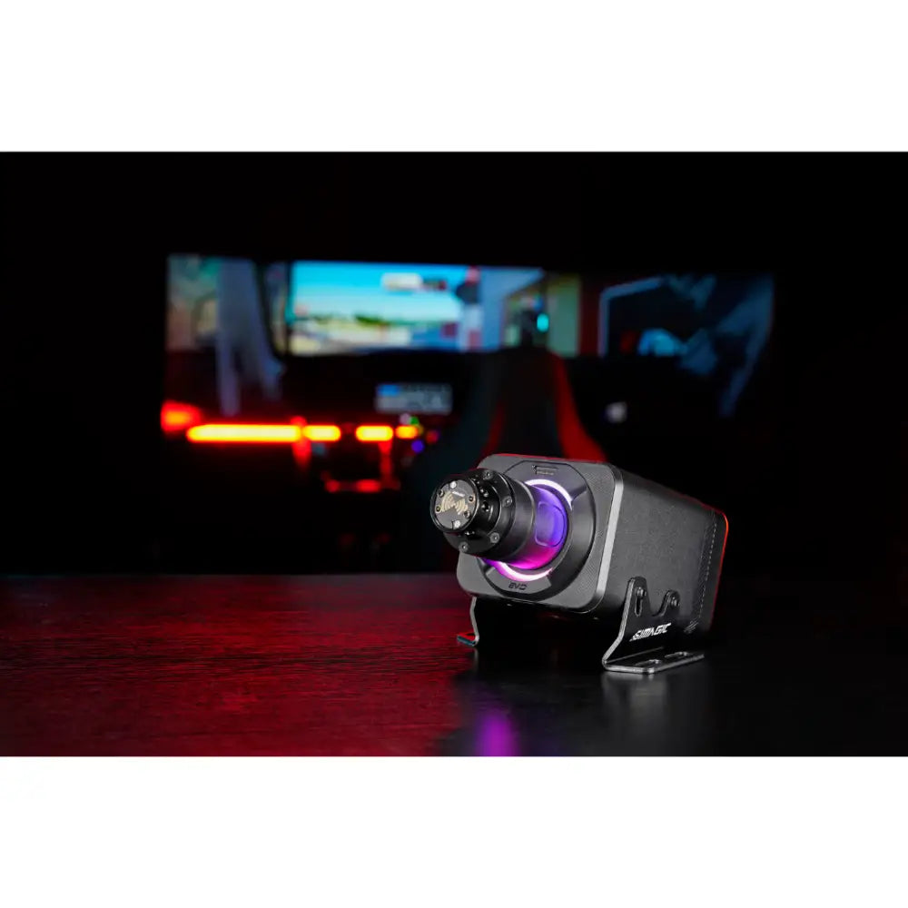Simagic alpha evo sport wheelbase 9nm musta peliohjain jossa violetti led-renkaan valo ja metalliset yksityiskohdat