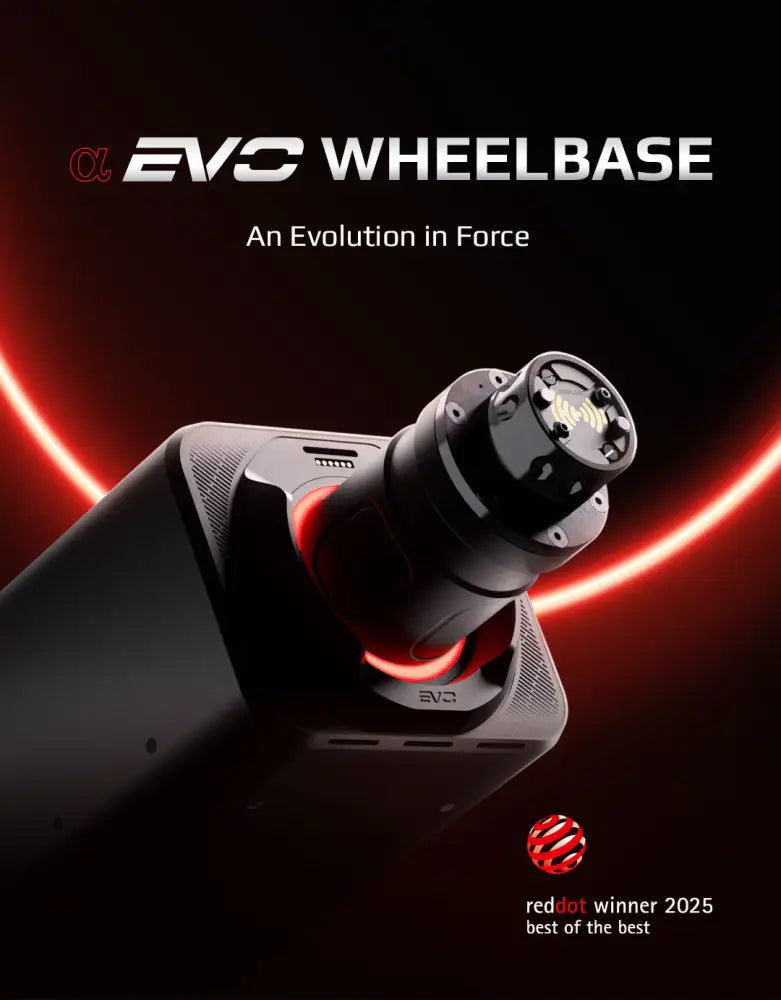 Black simagic alpha evo sport wheelbase device with red glowing accents and sleek angular design, 9nm torque
