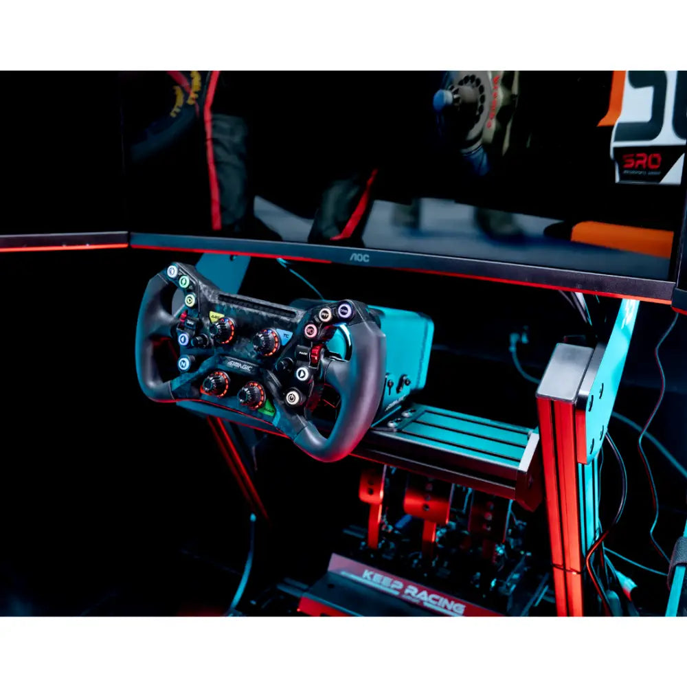 Black and red simagic alpha evo sport racing steering wheel with illuminated buttons and dials for 9nm wheelbase