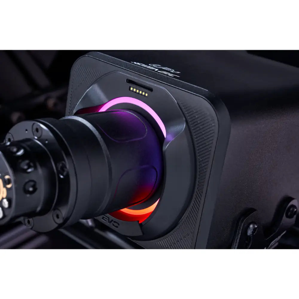 Black matte-finished simagic alpha evo sport wheelbase 9nm camera lens mount backside with glowing purple and red led rings