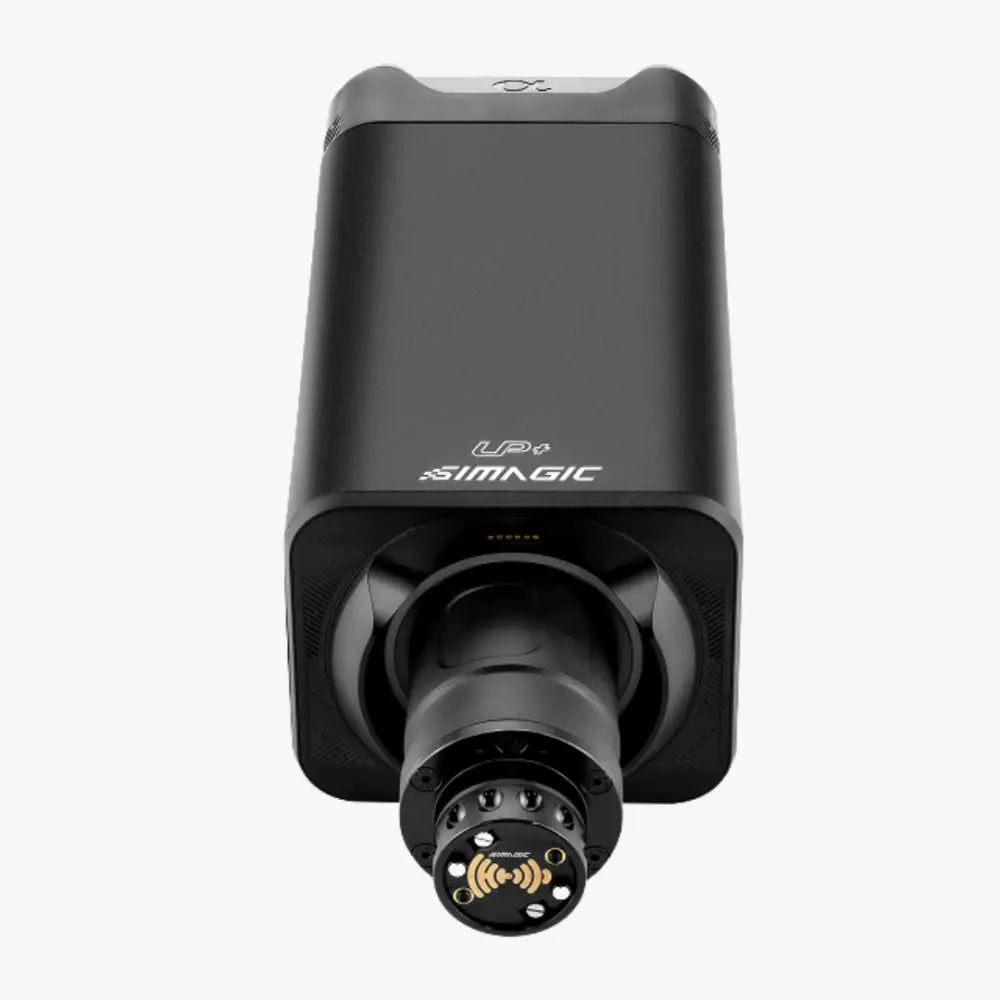 Musta simmagic up+ kamera suorakulmaisella rungolla ja kultaisilla signaalimerkinnöillä simagic alpha evo ultra wheelbase 28nm tuotteessa