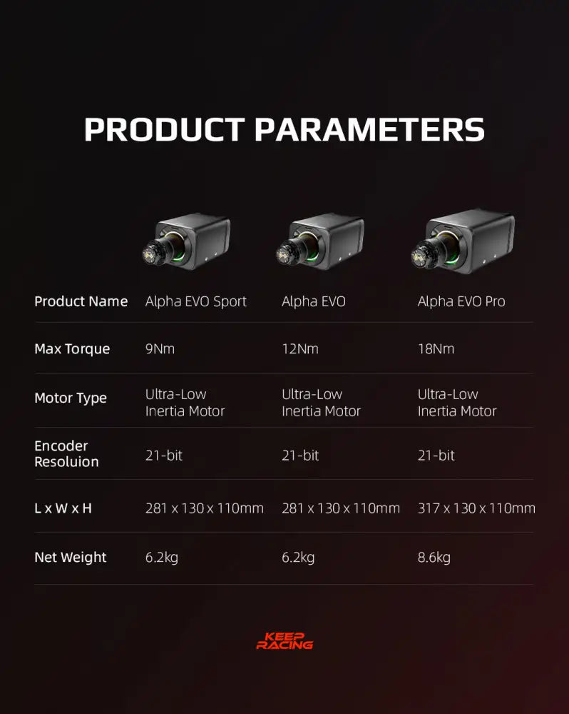 Mustanväriset suorakaiteenmuotoiset simagic alpha evo wheelbase 12nm kamerakotelot vihreillä korostusrenkailla ja hopeisilla kiinnikkeillä