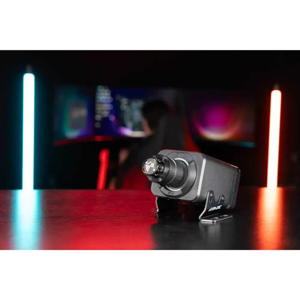 Black matte-finish simagic alpha evo wheelbase 12nm gaming webcam with metallic accents and sleek angular design