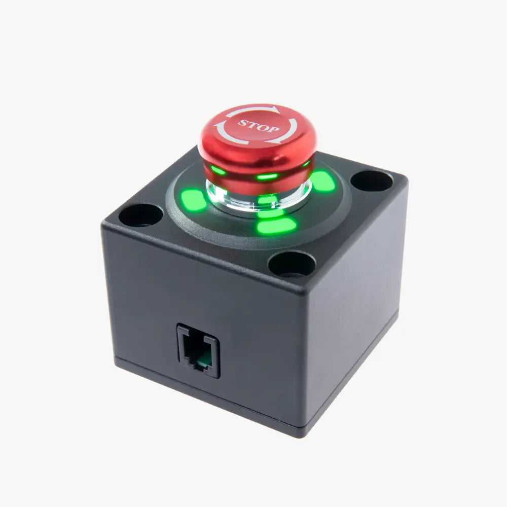 Simagic alpha kill switch puna metallinen pysäytyspainike vihreillä led-valoilla mustassa kotelossa