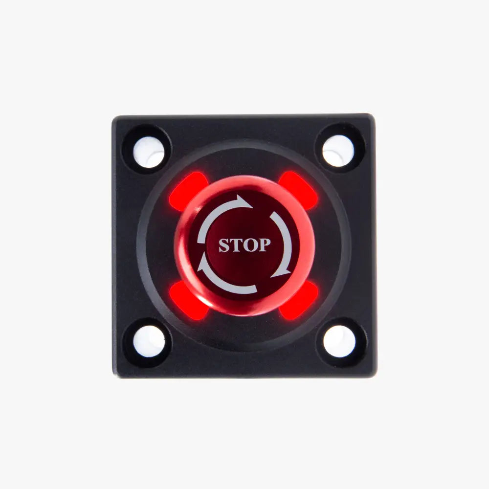 Black square emergency stop button simagic alpha kill switch with red illuminated center and white stop text