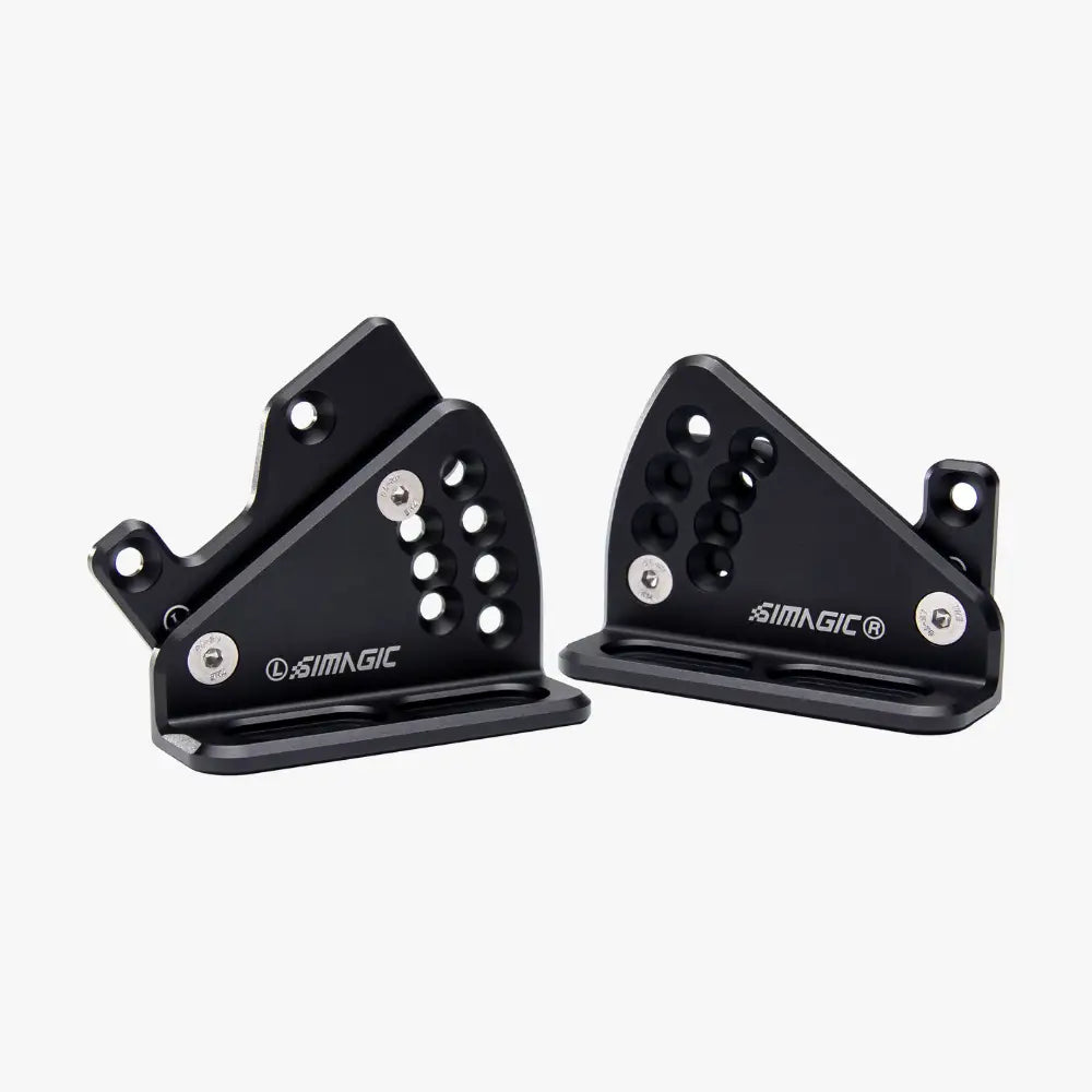 Black simagic alpha mounting brackets with matte finish and silver accent screws for motorcycle brake calipers