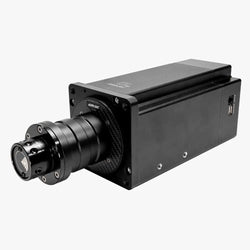 Mustan suorakulmaisen simagic alpha u wheelbase 23nm -simulaattoripyörän takaosa teksturoidulla objektiivilla ja usb-portilla sivulla