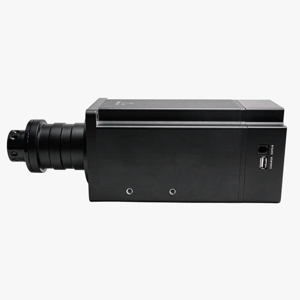 Simagic alpha u wheelbase 23nm musta suorakulmainen kamera, sylinterimäinen objektiivi ja usb-c-portti sivulla