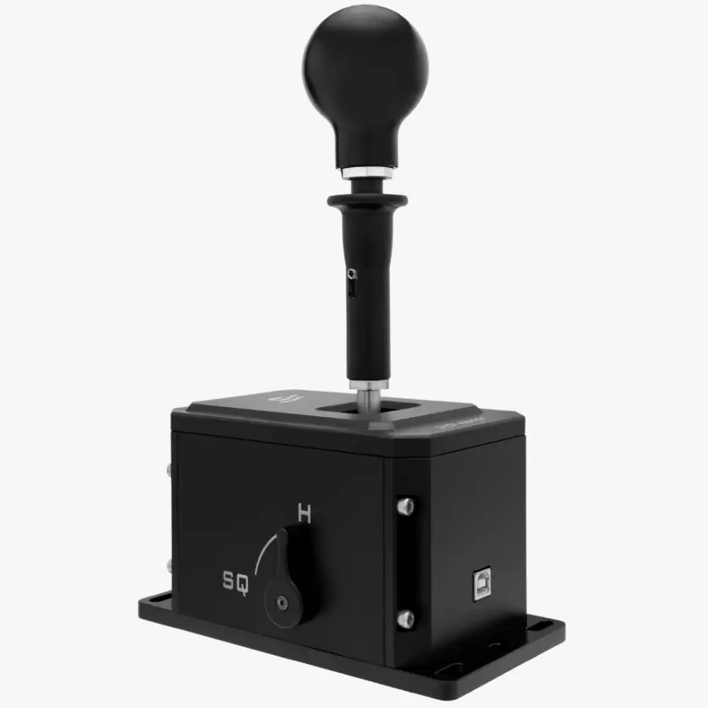 Mustan mattapintaisen pallomaisen simagic DS-8X H pattern shifter -vaihdenvalitsimen yläosa, jossa h- ja sq-merkinnät