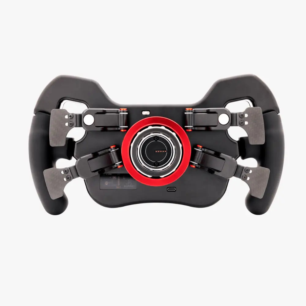 Simagic fx-c formula ohjauspyörä musta ja punainen metallisilla yksityiskohdilla ja ergonomisilla kahvoilla kilpailukäyttöön