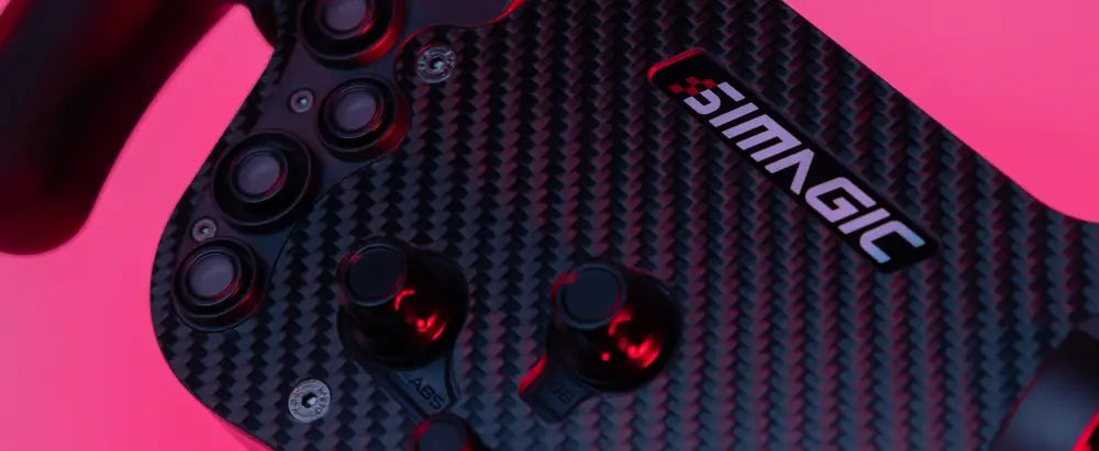 Black simagic fx-c formula racing steering wheel with carbon fiber texture and red illuminated buttons