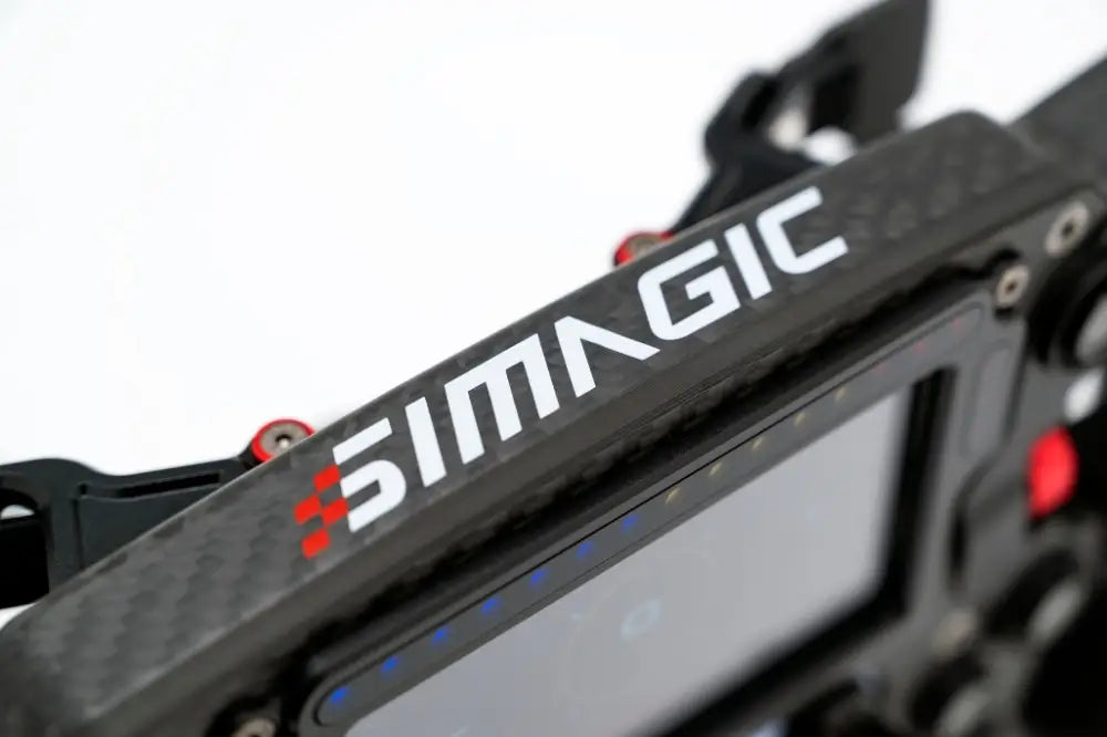 Black carbon fiber camera cage with white and red simagic branding for simagic fx pro formula steering wheel