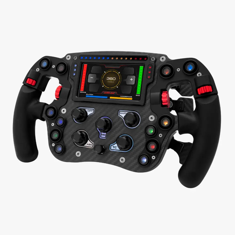 Simagic FX Pro formula ohjauspyörä hiilikuitua punaisilla ja sinisillä valaistuilla painikkeilla ja keskellä kosketusnäyttö 360-brändäyksellä