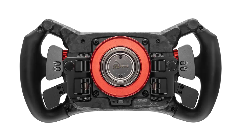 Simagic GT Neo ohjauspyörä musta ja punainen, keskuspyöreä hubi Thrustmaster-logolla simukilpailuun