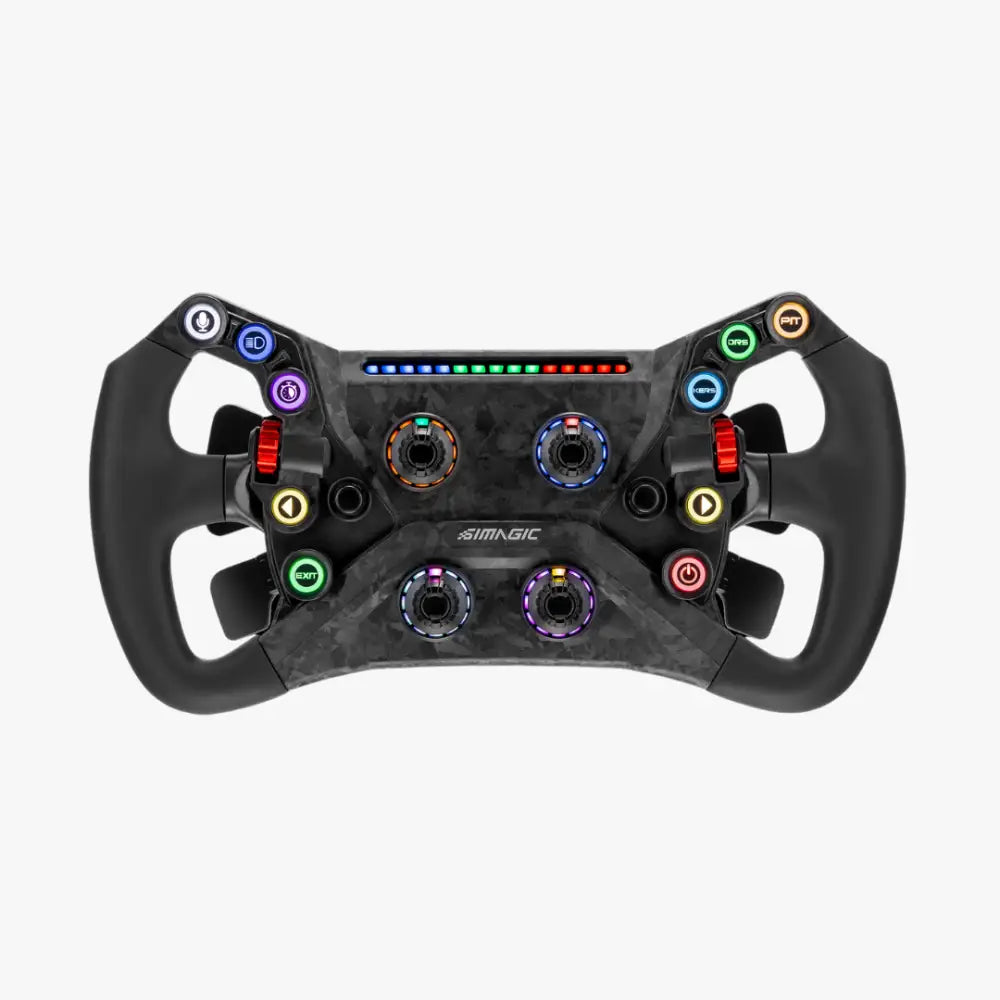Black carbon fiber simagic gt neo steering wheel with colorful illuminated buttons and customizable controls
