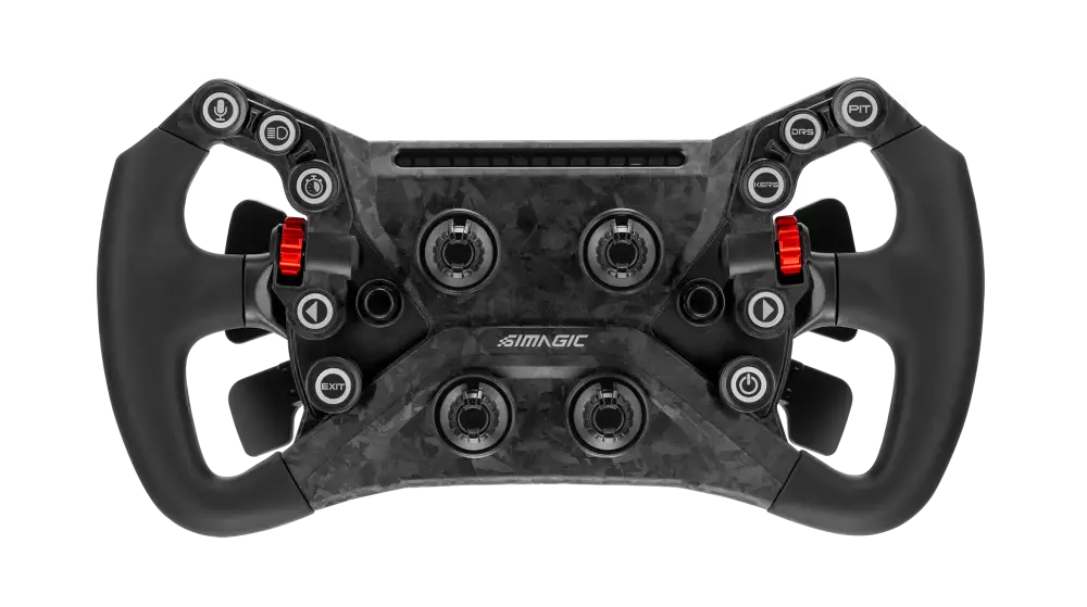 Black simagic gt neo racing steering wheel with red paddle shifters and multiple control buttons for sim racing