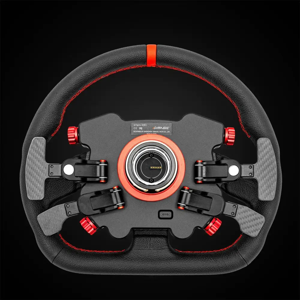 Simagic gt pro d-shaped racing steering wheel in black and red with carbon fiber paddles and leather textured grip