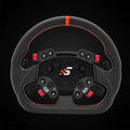 Simagic gt pro d-shaped leather steering wheel in black with red stitching and carbon fiber accents featuring a central logo