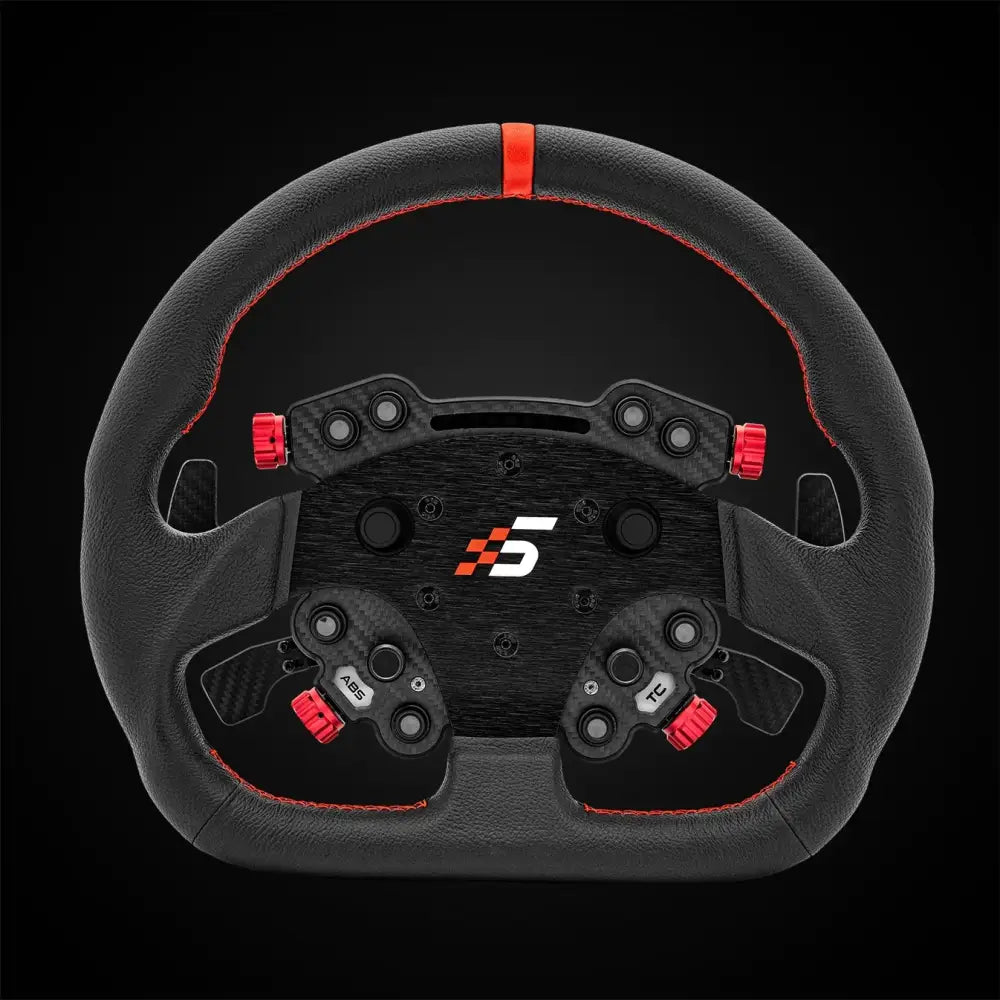 Simagic gt pro d-shaped leather steering wheel in black with red stitching and carbon fiber accents featuring a central logo
