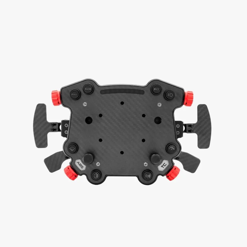 Black carbon fiber simagic gt pro hub flight stick with red accent knobs and labeled control buttons