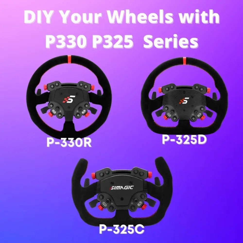 Black simagic gt pro hub racing-style steering wheels with red accents from diy your wheels series p-330r p-325d p-325c