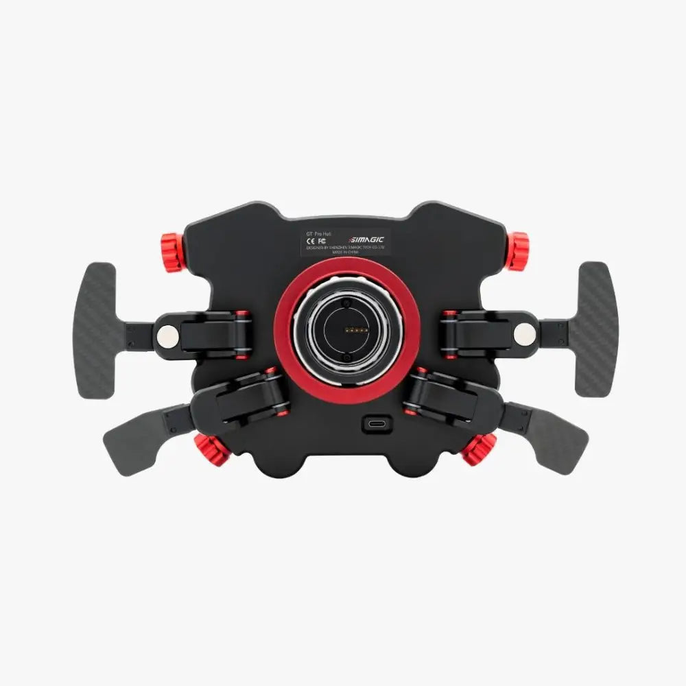 Simagic GT Pro Hub - musta ja punainen gimbal-tasapainotin hiilikuitukahvoilla etupuolelta kuvattuna