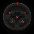 Simagic GT Pro rounded leather steering wheel in black with red stitching and illuminated buttons featuring central logo