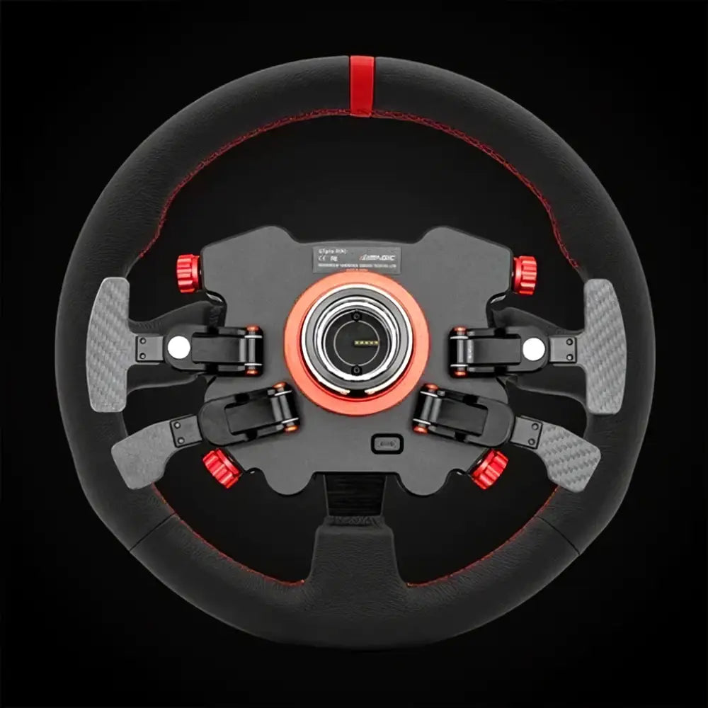 Simagic GT Pro rounded steering wheel leather with black racing style, red accents, and carbon fiber paddle shifters