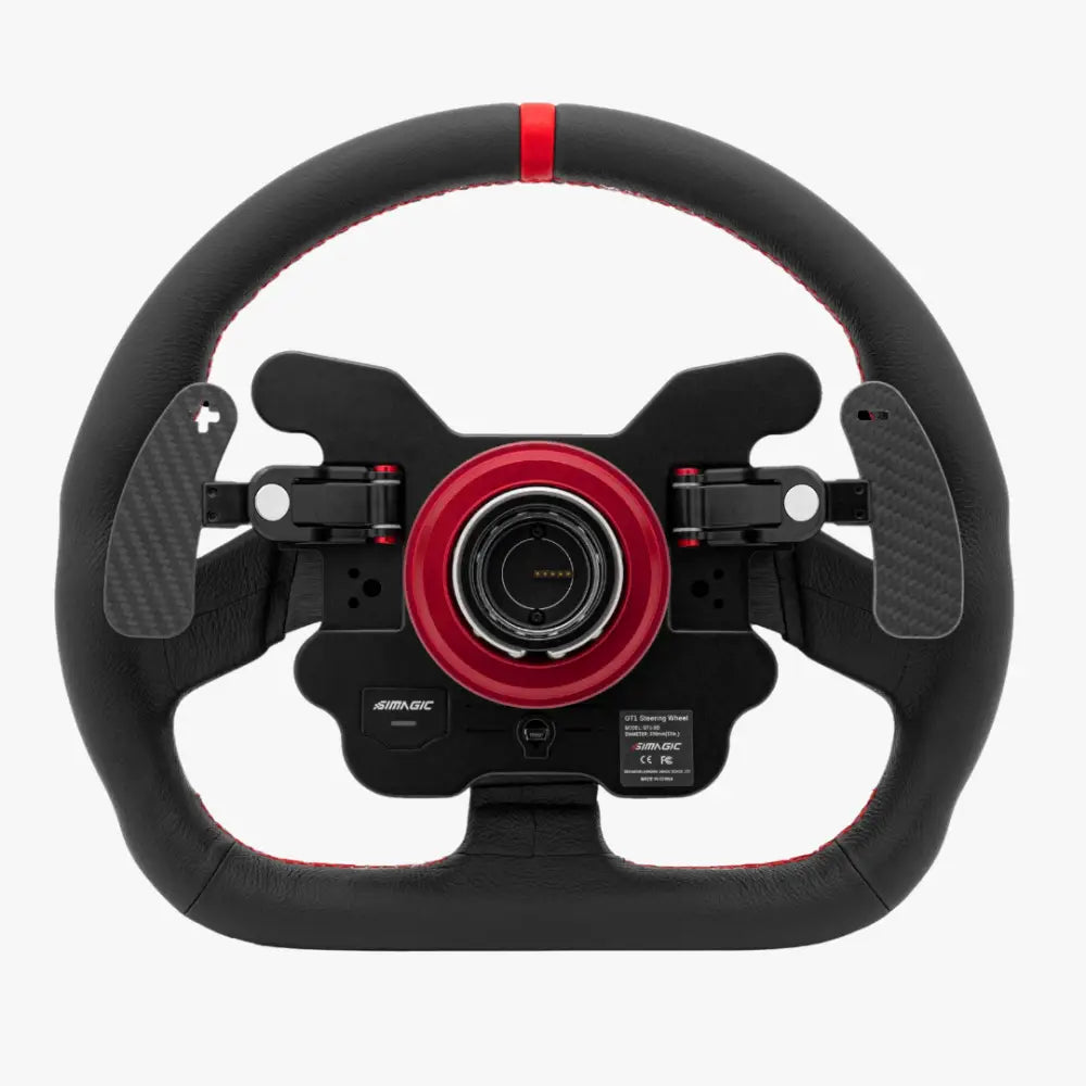Simagic gt1 d-shape sim racing gt3 steering wheel in black and red with carbon fiber paddle shifters