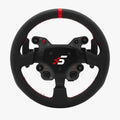 Simagic GT1 rounded steering wheel with black leather, red stitching, central logo, and multiple control buttons