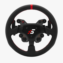 Simagic GT1 rounded steering wheel with black leather, red stitching, central logo, and multiple control buttons