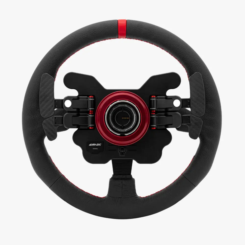 Simagic gt1 rounded racing-ratti mustassa ja punaisessa värissä nahamaisella otteella ja hiilikuitukalikilla paddleilla